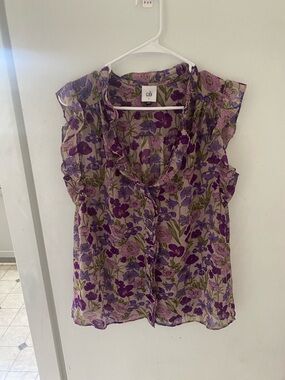 CAbi Purple Floral Ruffle Cap-Sleeve Blouse